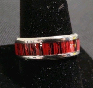 Size 9.75-Silver Toned Men's Viking/ Nordic Red/Black Wood Wedding Band
