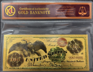 $100 Gold Banknote Replica, 24k Gold, Serial GOLD 999999, COA Included