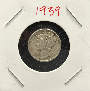 1939 Mercury Dime, United States, 90% Silver, 17.91 mm Diameter
