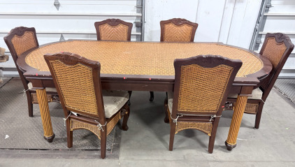(1) Large Wooden & Wicker Table With 6 Chairs