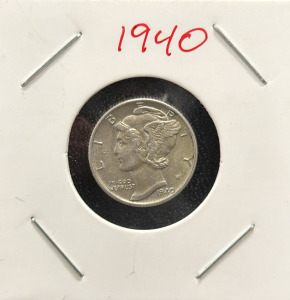 1940 Mercury Dime, United States Coin, 90% Silver