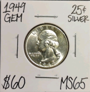 1949 MS65 Gem Silver Washington Quarter