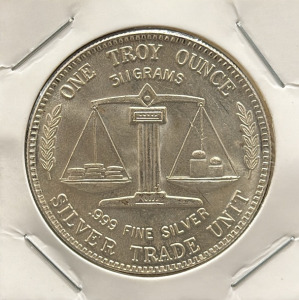 1 Troy Ounce .999 Fine Silver Trade Unit Coin, Balance Scale & Eagle Design