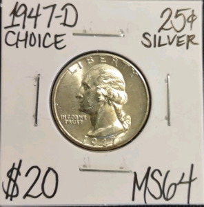 1947-D MS64 Choice Silver Washington Quarter