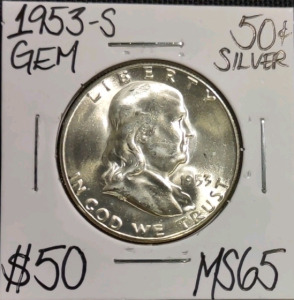 1953-S MS65 Gem Silver Franklin Half Dollar