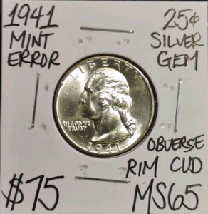 1941 MS65 Mint Error Gem Silver Quarter