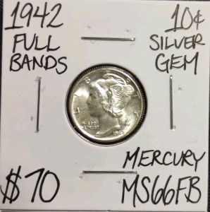 1942 MS66FB Full Bands Silver Mercury Dime