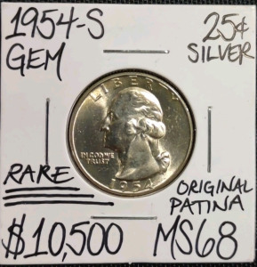 1954-S MS68 Rare Gem Silver Washington Quarter