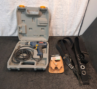 (1) Ryobi Corded 3/8" Variable Speed Drill W/ Case (1) Leather Tape Measure Holder, (1) Pair Of Suspenders & (1) Equipment Belt