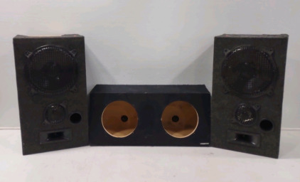 (2) Acoustic USA 12-inch Subwoofer, Specifically the "2000 Grey/black" Model & (1) 30&frac14;"x 1'x 13&frac14;" Orcon Dual Speaker Box (Gutted Out)