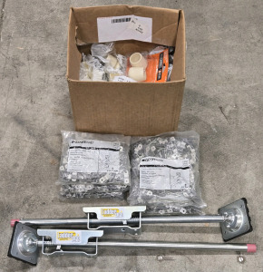 (8) Bags of ClosetMaid Concrete/Stud Shelf Clips, Box of Anti-Skid Rubber Leg Tips 1-⅛", (2) Ladder Pro Extension Ladder Leveler Feet