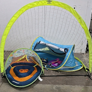 (1) Kids camping tent, (2)kids swimming vest,umbro soccer net,(1) swimming baby floaty