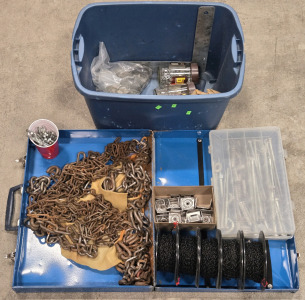 Assorted Building Supplies: (5) Small Spools of Light Duty Black Chain, Tray of Assorted Size Lag Bolts, & More!