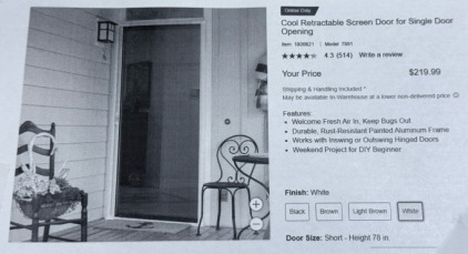 (1) Retractable White Screen Door For Single Door Opening- Door Size: Short-Height 78in.
