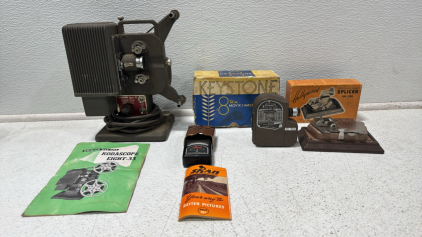 Kodascope &ldquo;Eight-33&rdquo; Film Projector w/ Manual , Keystone 8mm Camera Box Empty , Univex 8mm Camera, Scan Exposure Meter w/ Manual , And More