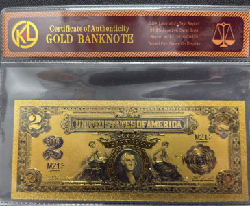 $2 Bill 24 Karat Gold Flake Banknote, Model M21, 24k Gold Flake, COA Included