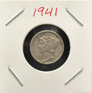 1941 Mercury Dime, United States, 90% Silver, Designed by Adolph A. Weinman