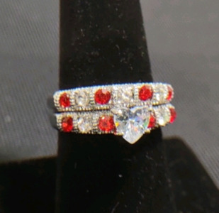 Size 7.5-2-Piece Heart Shaped White Crystal W/ White & Red Crystals Silver Toned Ring Set
