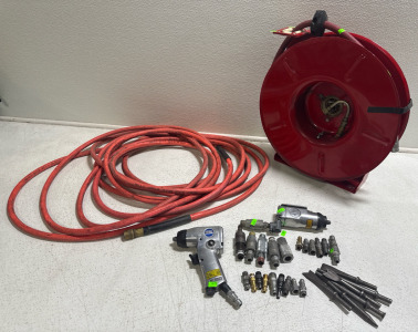 (2) Air Hose Reel 50&rsquo; (1) Air Rachet 3/8&rdquo; (1) Air Gun 3/8&rdquo; & Misc Air Couplers & Ends