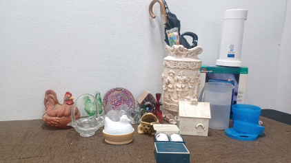 Duracraft Fan. Container Vase With Umbrellas. Mini Bird Houses. Chicken Glasses. & More.
