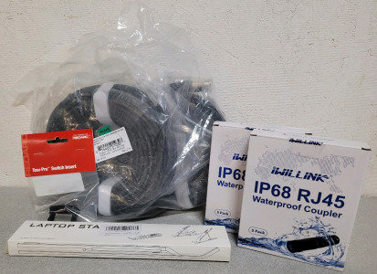 (2) 100ft GLS Mic Cable, (2) IP68 RJ45 Waterproof Coupler, Laptop Stand, And Two-Pro Switch Insert