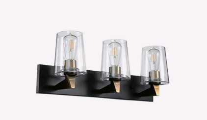 (3) EURON Modern Style 3-Lights Vanity Mirror Light for Bathroom, Wall Sconce for Kitchen & Living Room, Transparent Glass Shades on on Golden Frame and Black Panel(Exclude Bulb)