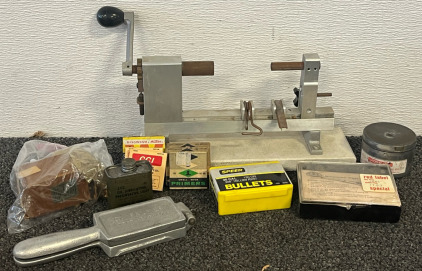 Casing Trimmer, 30 Cal 130 Gr .308 Hollow Point Bullets, Small Pistol & Rifle Primers, Beeman Pell-Size & Vintage C. Palmer Model #301 Fishing Weight Mold