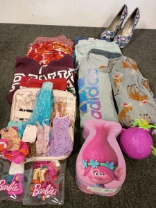 Pink Covington Skirt 31" long Sz 14, Croft&Barrow XL Pajama Pants, M Avon Jumper, XL Faded Glory Jeans, Pink Medium Zip Up Hoodie, M Gray Sweat Pants, Minnie Mouse Shorts, 2T Adidas T Shirt, 12mo. Zip up PJ, Sz 7.5 High Heel Shoes,Along With Assorted Barb