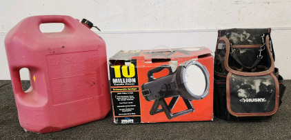 10 Million Candle Power Rechargable Spotlight, Husky Tool Bag, And A 6 Gallon Gas Can!