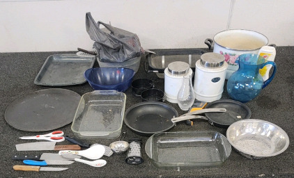Kitchenware Lot- Including Pots, Pans, Knives, Cooking Utensils, And More!