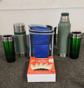 (2) Thermos', (2) Travel Coffee Tumblers, California Innovations Lunch Box, And 50 Warm White Teardrop Shaprd LED Lights