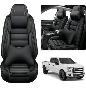 (1) Seat Covers For F150 F250 F350 XL XLT Super Duty Crew Cab Lariat King Ranch Platinum 2009-2025, Waterproof Leather Truck Seat Protectors with Compatible Airbag (Front Pair With Pillow, Classic Black), (1) Genuine Toyota Tundra Black Tailgate Tundra Em