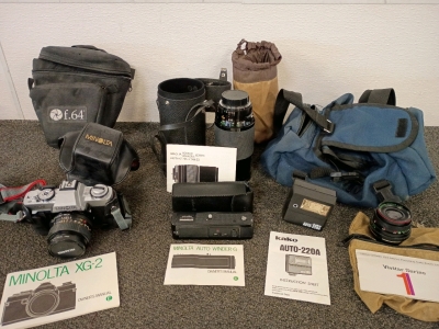 Minolta XG-2 Fil Camera, Including Rokkor Lense,Minolta Auto Winder G, Kako Auto-220A Flash Vivitar Series 1 Lens,