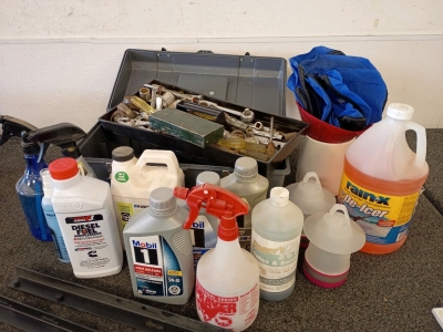 Large Toolbox Of Tools Useful For Fixing Auto/Vehicle Issues Along With Motor Oil, De-icer And Funnel. RV Holding Tank Treatment, Spray Bottles, Belt Cleaner, And Wheel Cleaner