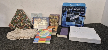 Harry Potter Books, Fix It Book, Health Book, Blink Novel, Glass Chess and Checkers Set, 6 Doilies, Triangle Lizard Puzzel
