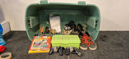 Large Storage, 2 Pairs of Shoes Size 8 and 9, Duck Dynasty Hat, Horse Figures, Car Cover, 3 Books, 2 Dream Gear Controllers, Small Storage Box Filled With Miscellaneous Toys