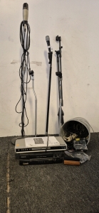 Mics and Stands, DVD Player, VHS Player, Connector Cords, Surge Protector, Record Player Cleaner