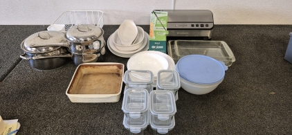 Kitchen Food Saver And Bags, Dish Dry Tray, Serving Plates, 4 Dinner Plates, Casserole Dishes, Cooking Pots, Tupperware (Plastic Round And Glass Rectangular Small)