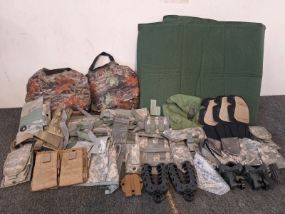 Collection of Military Items Including Pouches, Bags, Knee Pads, Inflatable Bed, Pillows & More