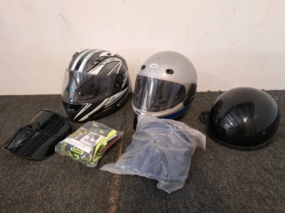 Polaris Helmet, (2) Dot Helmets, (2) Face Shields & Gloves