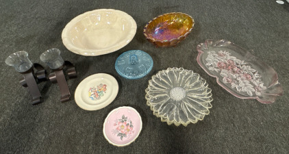Vintage Porcelain Wash Basin Bowl, Vintage Carnival Glass Fruit Bowl, Vintage Mikasa Rosella Canape Tray 16" Etched Rose, Light Blue Pressed Glass w/Lid, Paragon Plate, Salem China Co Children Plate, (3) Glass Plates and Candle Stick Holders