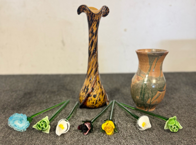 Glass Vase, Ceramic Vase, (7) Glass Flowers