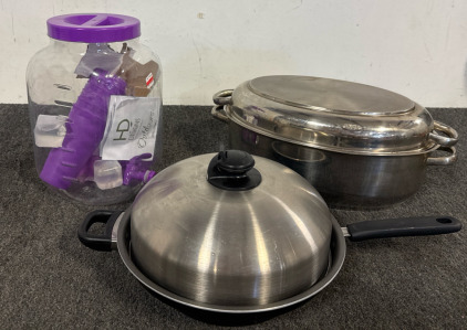 5 Ply 304 Surgical Stainless Steel Baker/Roaster for Stovetop or Oven, 3 Gal Plastic Beverage Dispenser w/Freezable Cubes & (6) Cups, 13&rdquo; Pan w/Lid