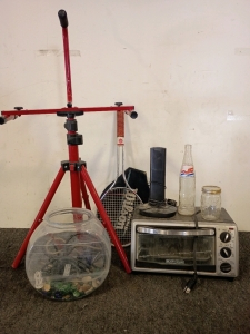 Black & Decker Microwave Oven, Feed Back Mountain Bike Repair Stand, Racquet, Sony Stereo Transmitter, Fish Bowl With Airator