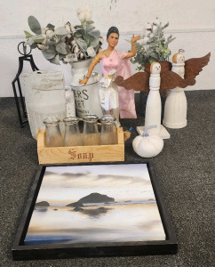 Home Decor Lot- Including Faux Flowers, Vintage Glass Bottles, And More!