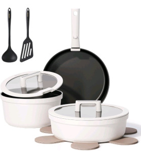 (1) CAROTE 20pcs Pots and Pans Set Non Stick, Detachable Handle Cookware Set White, RV Cooking Set, Dishwasher/Oven/Fridge Safe, Pot and Pan Set, Induction Cookware, (1) PureFold Glass Pitcher, And (1) Expandable Silverware Cutlery Utensil Organizer Tray 
