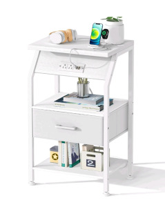 Gannyfer Nightstand with Charging Station,Night Stand with USB Ports and Storage Drawer,Modern 3-Tier End Side Table,Small Wood Bedside Table for Bedroom,Living Room (Modern White 2set) And A Amazon Basics 3-Shelf Adjustable Heavy Duty Steel Wire Rack Sto