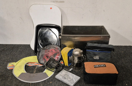 Metal Tool Box, Ridgid Bag( Full Of Miscellaneous Tools), Clip Bag Cooler, High Vis Hat Cover, 3 Cook Pans, Cheese Cutter, Small Fold Single Table, Wench Ties, Dog Muzzle, Other Tool