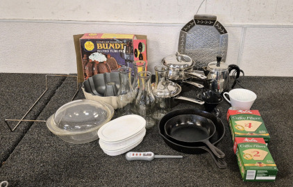 Kitchen Items, Bunt Cake Pan, Small Cooking Pots, 2 Cast Iron Pans, Coffee Filters, 2 Small Casserole Containers, Glass Casserole Dish, Thermometer, Electric Coffee Pot, BBQ Pan