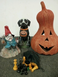 Yard Ornaments, Halloween Decor, Pumpkin, Dog, Gnome, As Well As Wooden Chess Pieces